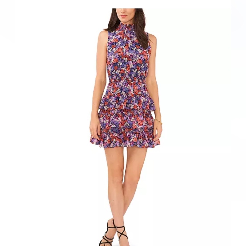 1. STATE Floral Printed Short Sleeve Smocked Mini Dress in Black Multi - Small